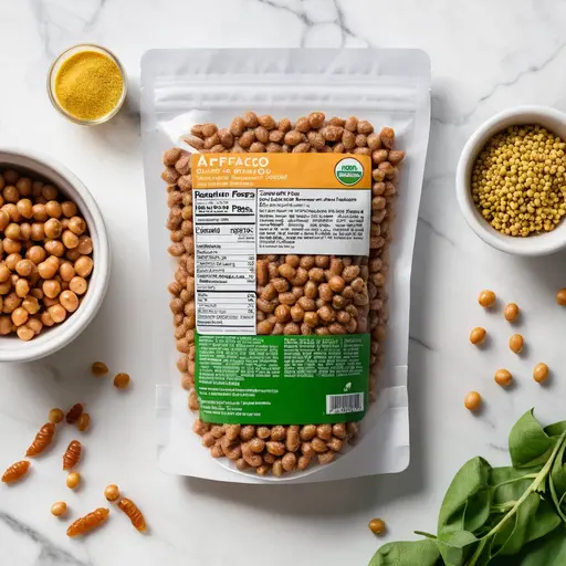 Alternative pet protein food bag with fresh ingredients and magnifying glass for AAFCO approved alternative pet protein nutrition