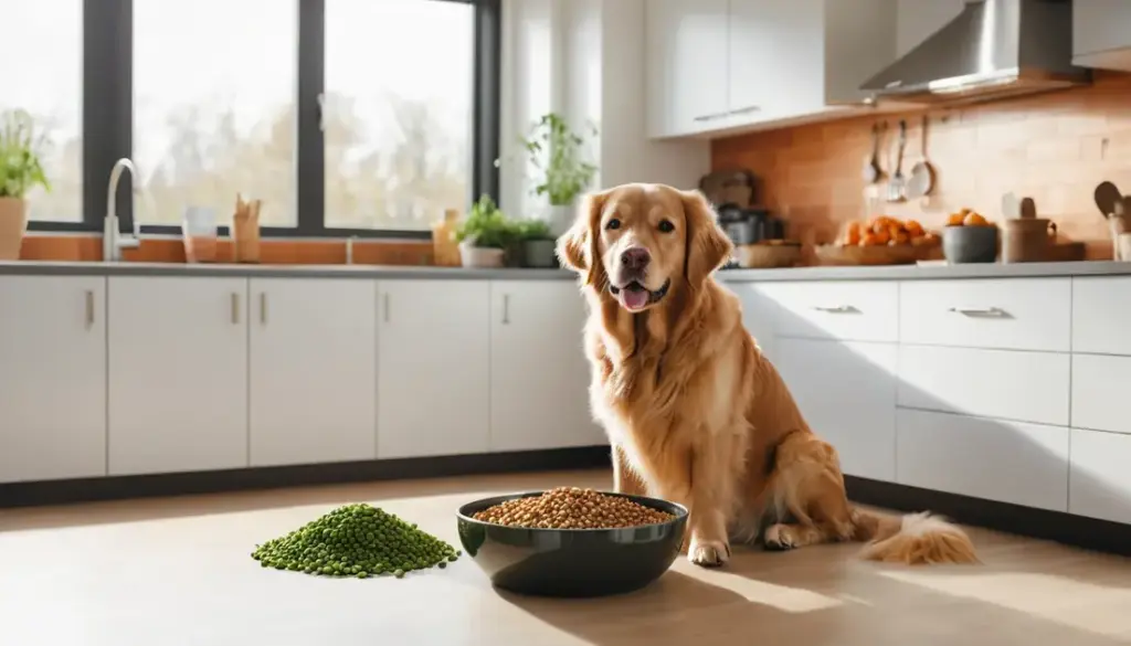 Happy Golden Retriever with alternative pet protein bowl in bright modern kitchen for alternative pet protein