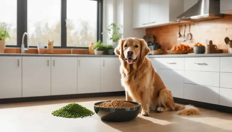 Happy Golden Retriever with alternative pet protein bowl in bright modern kitchen for alternative pet protein