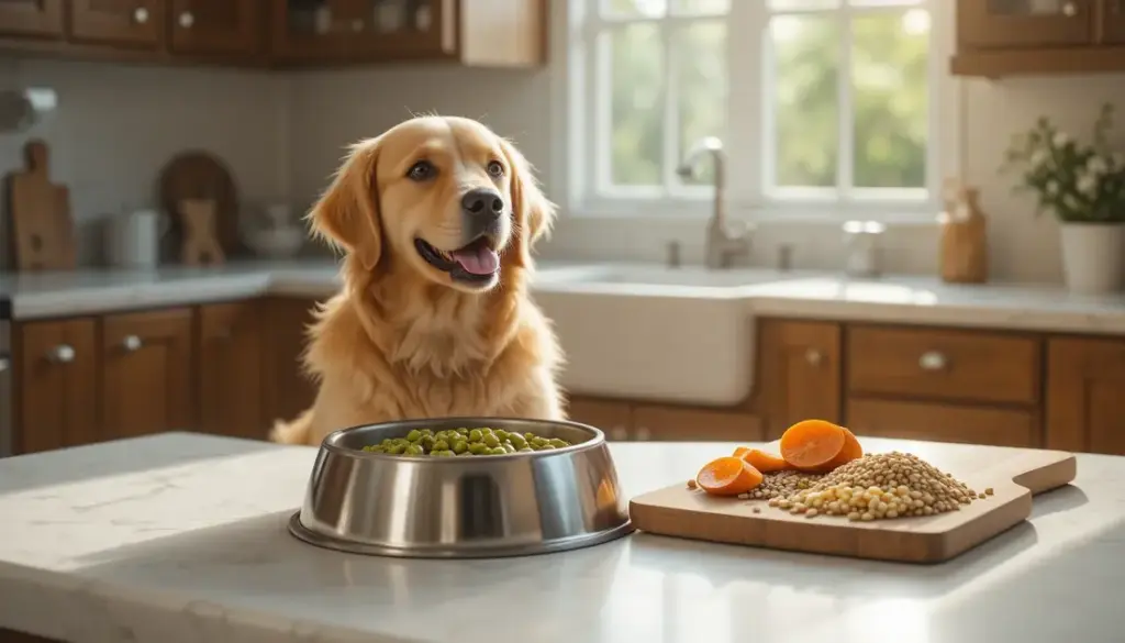 Is Grain-Free Dog Food Safe? A Science-Based Review 2 Happy Golden Retriever with grain-free dog food ingredients in a bright kitchen.