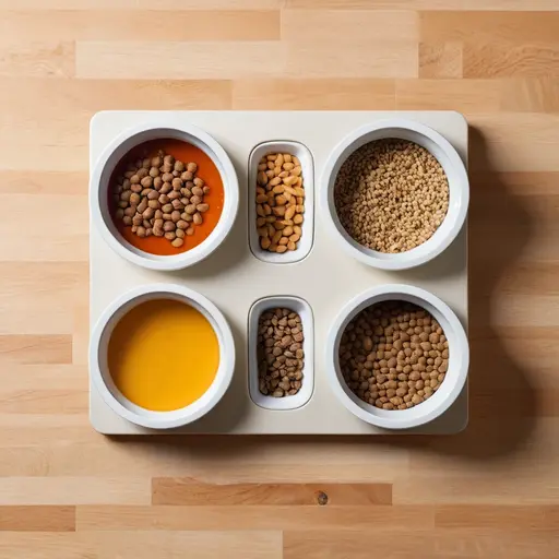 Three pet bowls showing gradual food transition stages from old to new kibble on a kitchen counter for safe pet food transition