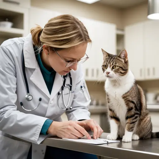 Veterinarian examining a tabby cat during a diet-related checkup in a warm clinic setting for pet food allergy symptoms
