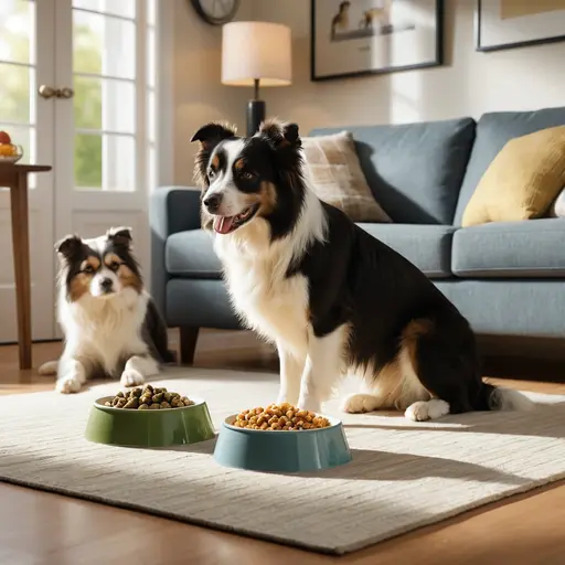 Healthy border collie and senior shih tzu eating appropriate diets side by side in a cozy home for when to change pet food