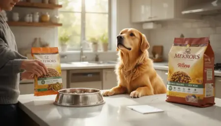 Thoughtful golden retriever watching owner decide between two pet food bags in a bright modern kitchen for switching pet food