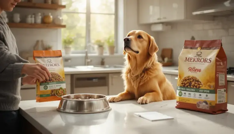 Thoughtful golden retriever watching owner decide between two pet food bags in a bright modern kitchen for switching pet food