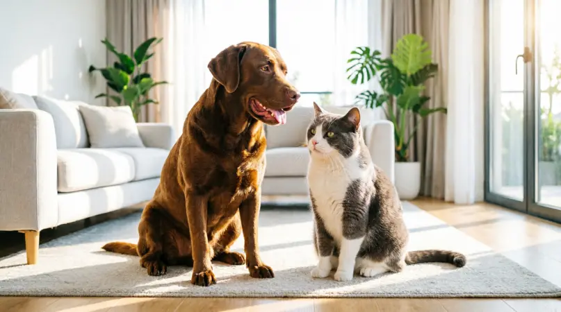 A brown dog and a gray-and-white cat sit side by side on a rug in a sunlit living room with plants and a sofa.