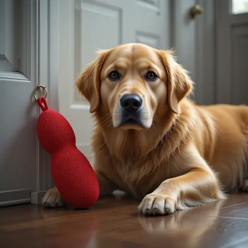 Dog licking and chewing a stuffed Kong toy on a living room floor