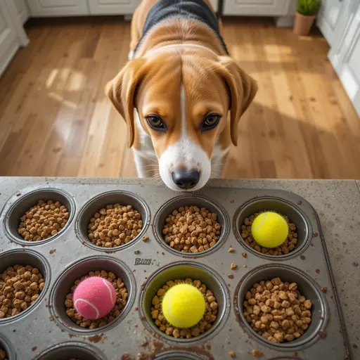 Brown and white dog sniffing at a muffin‑tin puzzle with tennis balls covering kibble.