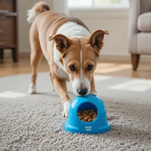 Dog pulling a West Paw Toppl toy across carpet, kibble spilling out.