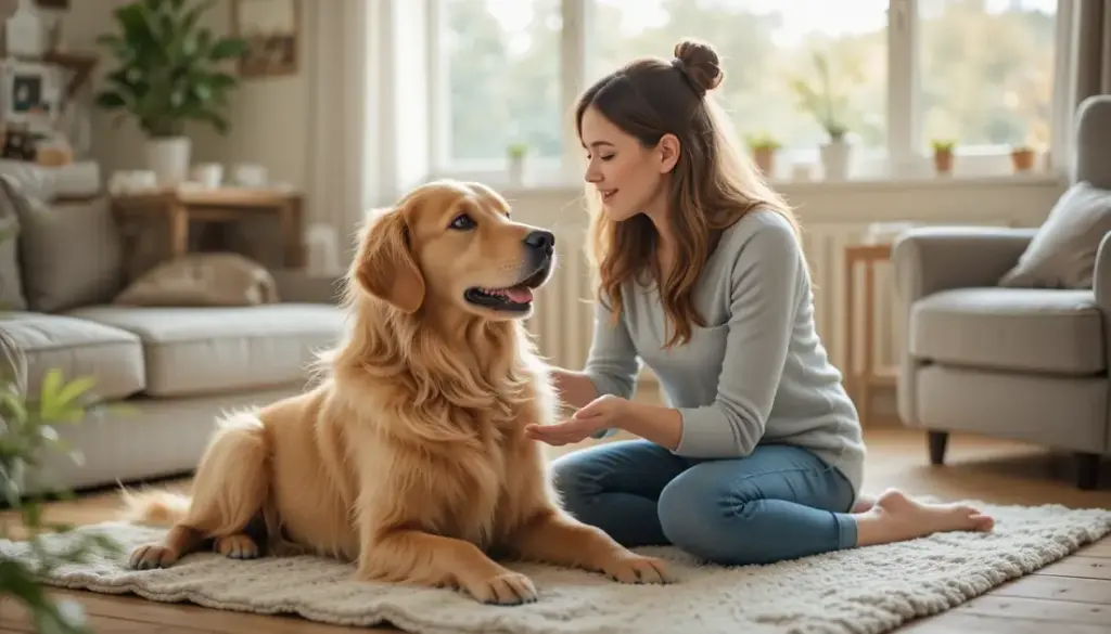 Owner speaking calmly to a golden retriever on a mat before alone time.
