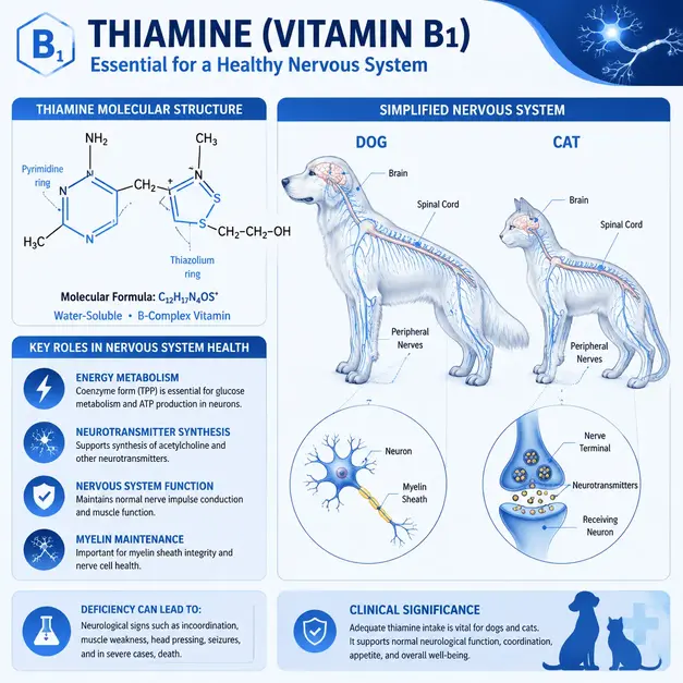 Thiamine vitamin B1 molecular structure and pet nutrition diagram