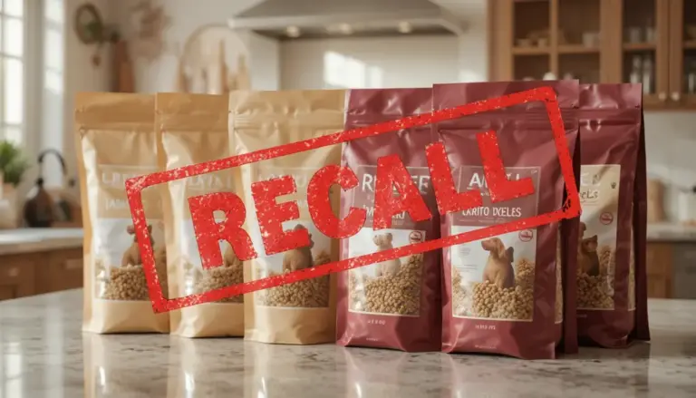 Freeze-dried pet food bags with recall warning label for Go Raw pet food recall 2026