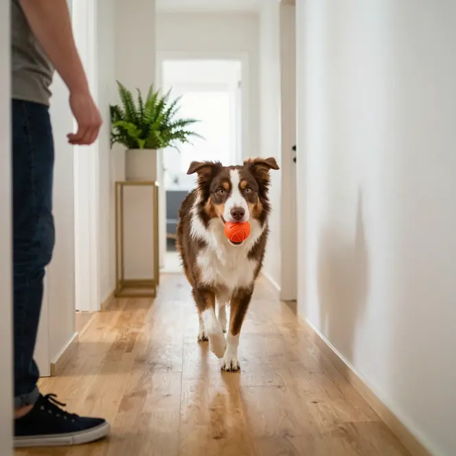 Indoor Enrichment for High-Energy Dogs in Apartments 1 Australian Shepherd sprinting with a ball in a bright apartment hallway for indoor dog exercise in small spaces