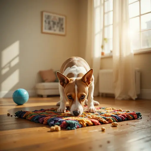 Indoor Enrichment for High-Energy Dogs in Apartments 2 Jack Russell Terrier using a snuffle mat for mental stimulation in an apartment for mental stimulation for dogs small space