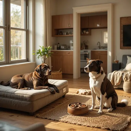 Indoor Enrichment for High-Energy Dogs in Apartments 3 Two dogs in separate enrichment zones in a one-bedroom apartment for apartment dog enrichment