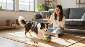 Indoor Enrichment for High-Energy Dogs in Apartments Happy Border Collie playing with a puzzle toy in a bright modern studio apartment with owner for Indoor Enrichment for High-Energy Dogs in Apartments