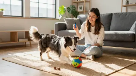 Indoor Enrichment for High-Energy Dogs in Apartments Happy Border Collie playing with a puzzle toy in a bright modern studio apartment with owner for Indoor Enrichment for High-Energy Dogs in Apartments