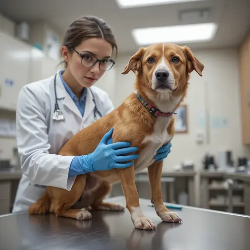 Veterinarian in a clean clinic carefully examining a dog's wound for screwworm larvae.
