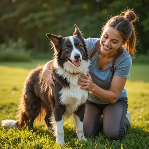 Pet owner checking their dog for wounds after a hike to prevent screwworm.