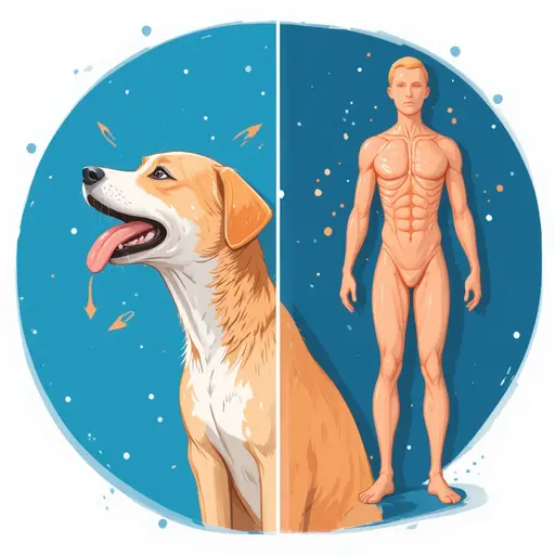 Comparison diagram showing how dogs and cats cool themselves through panting versus human sweating