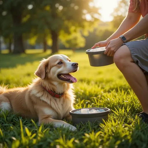 Pet owner providing cool water and shade to dog during hot summer day