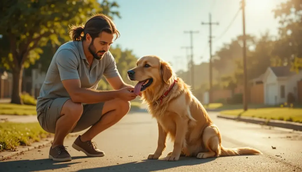 A concerned dog owner checking on their panting dog during a dangerous summer heat wave for Pet Heat Safety