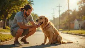 A concerned dog owner checking on their panting dog during a dangerous summer heat wave for Pet Heat Safety