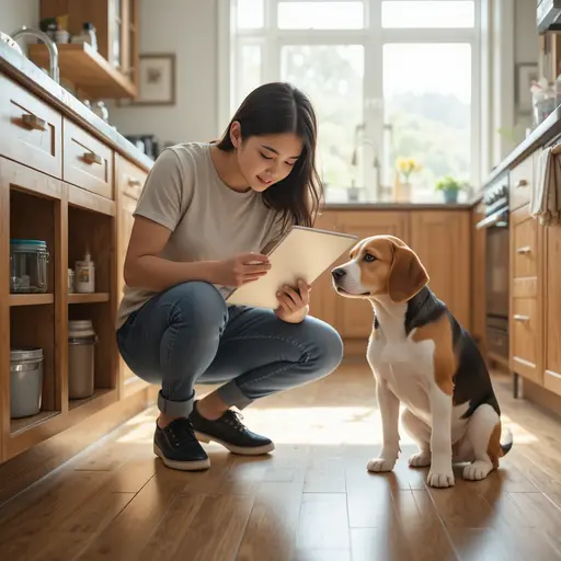 Pet owner conducting room-by-room safety audit in kitchen with puppy-proofing checklist