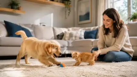 Happy dog and cat in a safe, pet-proofed living room with owner holding pet-safe home checklist