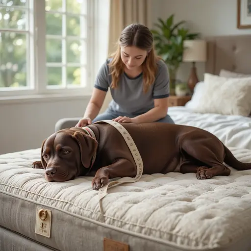 Best Orthopedic Dog Bed for Large Breeds with Arthritis 2 Pet owner measuring large Labrador Retriever on generously sized orthopedic dog bed for large breed dog bed joint support sizing
