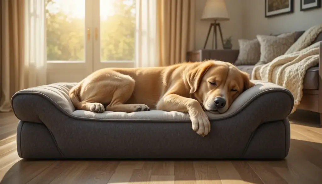 Senior Golden Retriever sleeping peacefully on thick premium orthopedic dog bed in sunny farmhouse living room for best orthopedic dog bed for large breeds with arthritis
