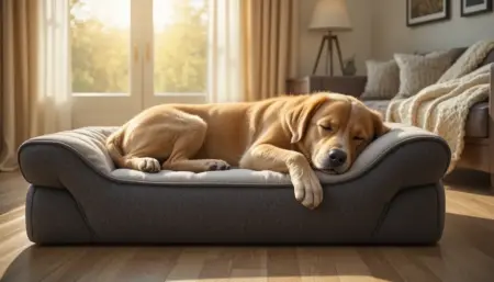 Senior Golden Retriever sleeping peacefully on thick premium orthopedic dog bed in sunny farmhouse living room for best orthopedic dog bed for large breeds with arthritis