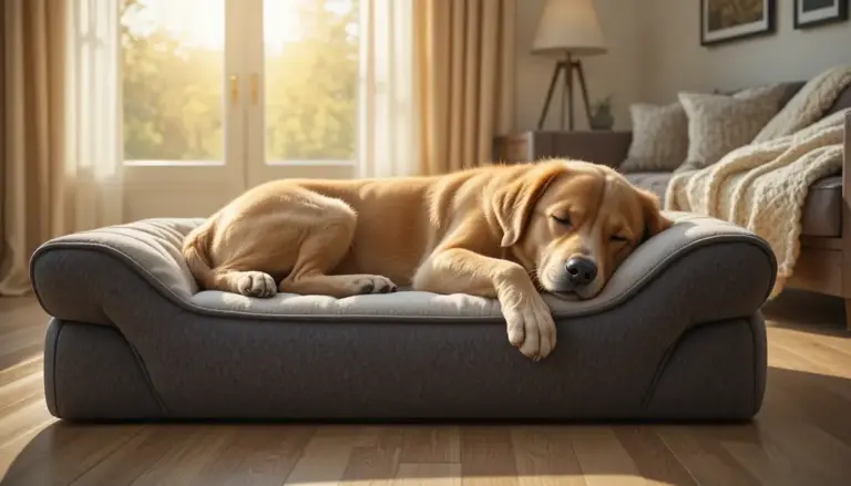 Best Orthopedic Dog Bed for Large Breeds with Arthritis Senior Golden Retriever sleeping peacefully on thick premium orthopedic dog bed in sunny farmhouse living room for best orthopedic dog bed for large breeds with arthritis