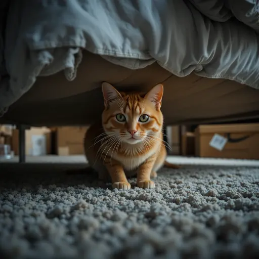 Cat showing stress behaviors like hiding under furniture after moving