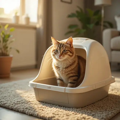 Happy confident cat using litter box successfully in new home