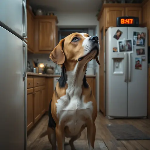 Confused senior beagle disoriented in familiar kitchen at night for dog cognitive dysfunction nighttime anxiety