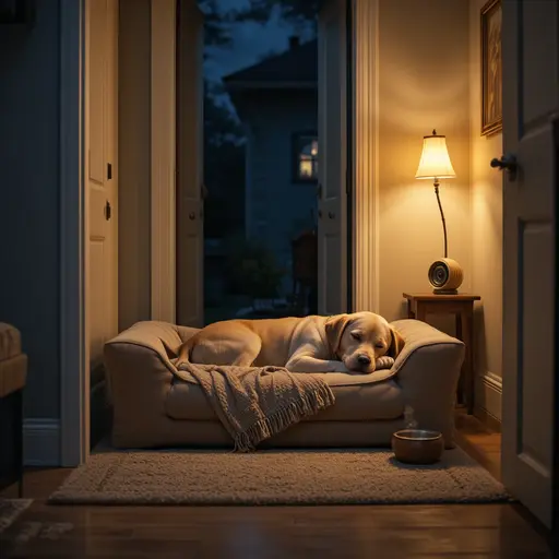 enior Labrador sleeping peacefully in safe zone with nightlight and calming aids for managing dog anxiety at night elderly
