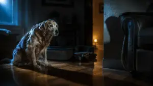 Why Is My Dog Suddenly Scared of Familiar Things at Night? Senior golden retriever looking fearful at familiar furniture in dimly lit living room at night for dog suddenly scared of familiar things at night