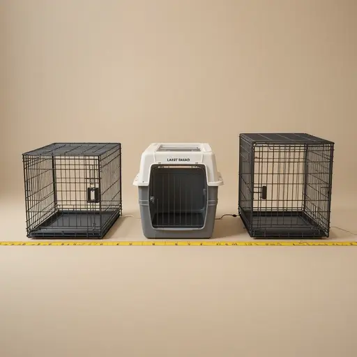 How to Crate Train a Dog: A Step-by-Step Guide 1 Side-by-side comparison of wire, plastic, and metal dog crate types with measuring tape and size chart for best dog crate size