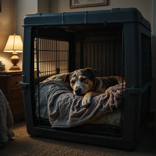 How to Crate Train a Dog: A Step-by-Step Guide 3 Senior rescue dog sleeping peacefully in a cozy plastic crate with soft bedding and familiar scents for crate training adult dog