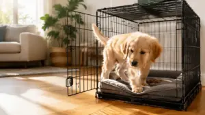 How to Crate Train a Dog: A Step-by-Step Guide Golden Retriever puppy voluntarily entering an open wire crate with treats and a comfortable mat for how to crate train a dog