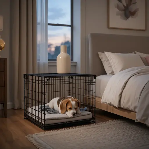 Wire puppy crate placed beside a bed in a cozy bedroom at twilight for where to put puppy crate bedroom