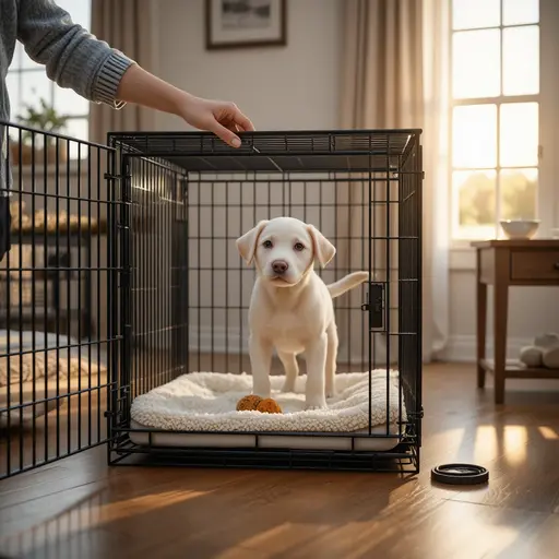Person placing a treat toy inside a cozy puppy crate during evening routine for crate training puppy first night