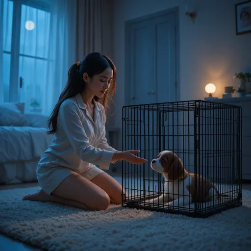 Calm owner reassuring a relaxed puppy inside a crate at night for puppy cries in crate at night