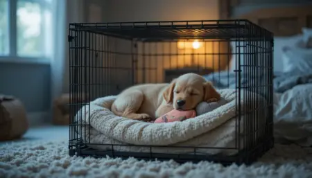 Peaceful golden retriever puppy sleeping in a cozy wire crate beside a bed at night for how to crate train a puppy at night
