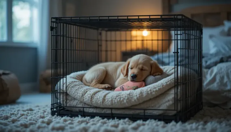 Peaceful golden retriever puppy sleeping in a cozy wire crate beside a bed at night for how to crate train a puppy at night