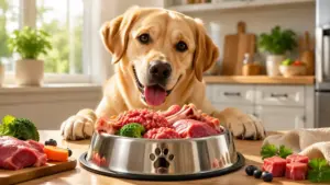 Happy, healthy dog eating raw food during raw dog food transition