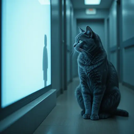 Why Does My Cat Stare at Me Without Blinking? A Vet-Backed Guide 2 Senior gray cat staring fixedly at a blank wall with concerned owner nearby for why does my cat stare at nothing