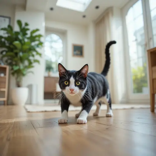 Why Does My Cat Stare at Me Without Blinking? A Vet-Backed Guide 3 Tuxedo cat in play crouch staring at feather wand toy held by owner for cat staring meaning and play behavior