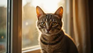 Why Does My Cat Stare at Me Without Blinking? A Vet-Backed Guide Close-up of a tabby cat with amber eyes staring unblinking at the camera during golden hour for why does my cat stare at me without blinking